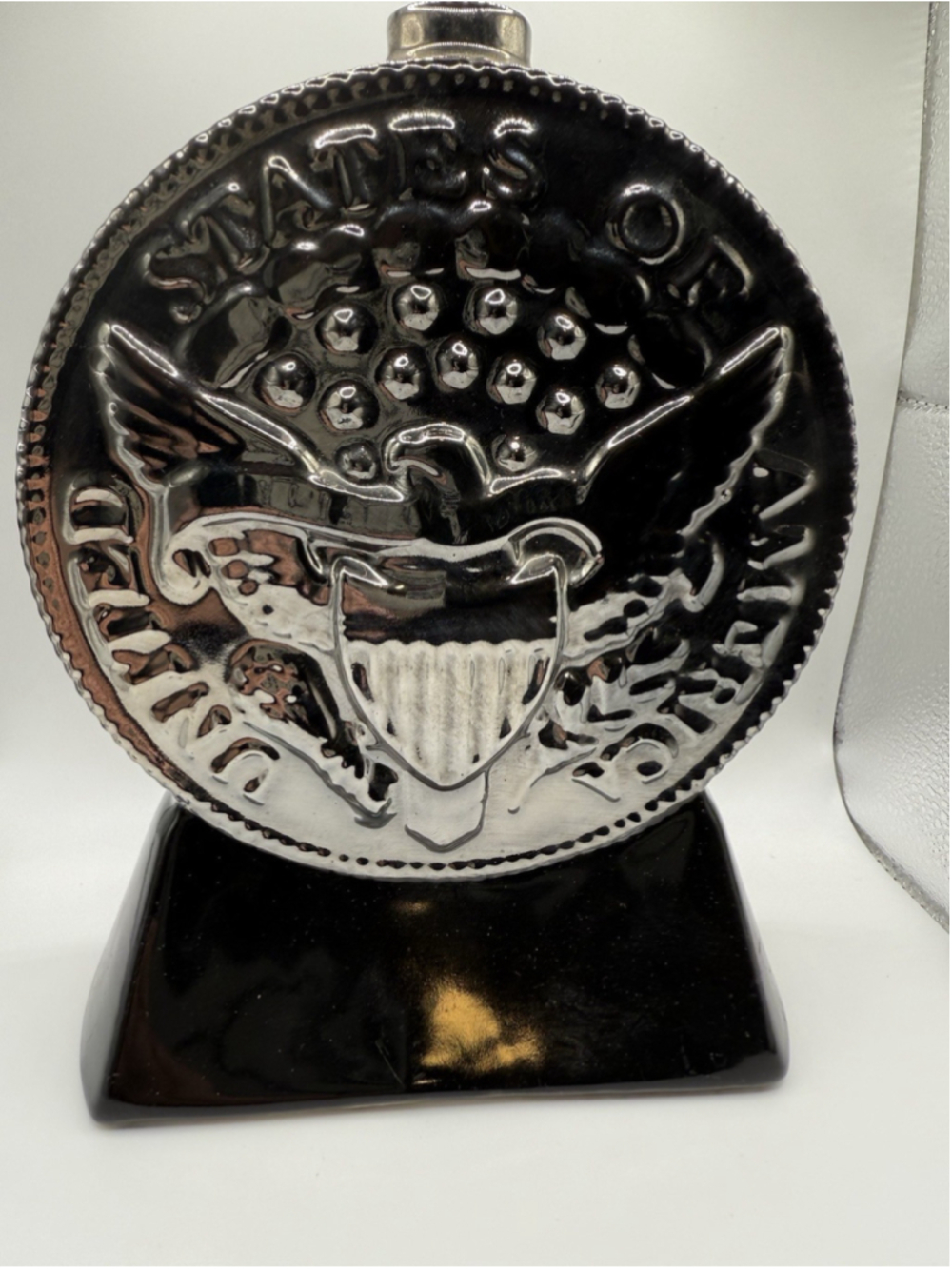 Vintage Decanter with Stopper Silver And Black Liberty 1804 W/ Chip On Lid - Picture 2 of 4